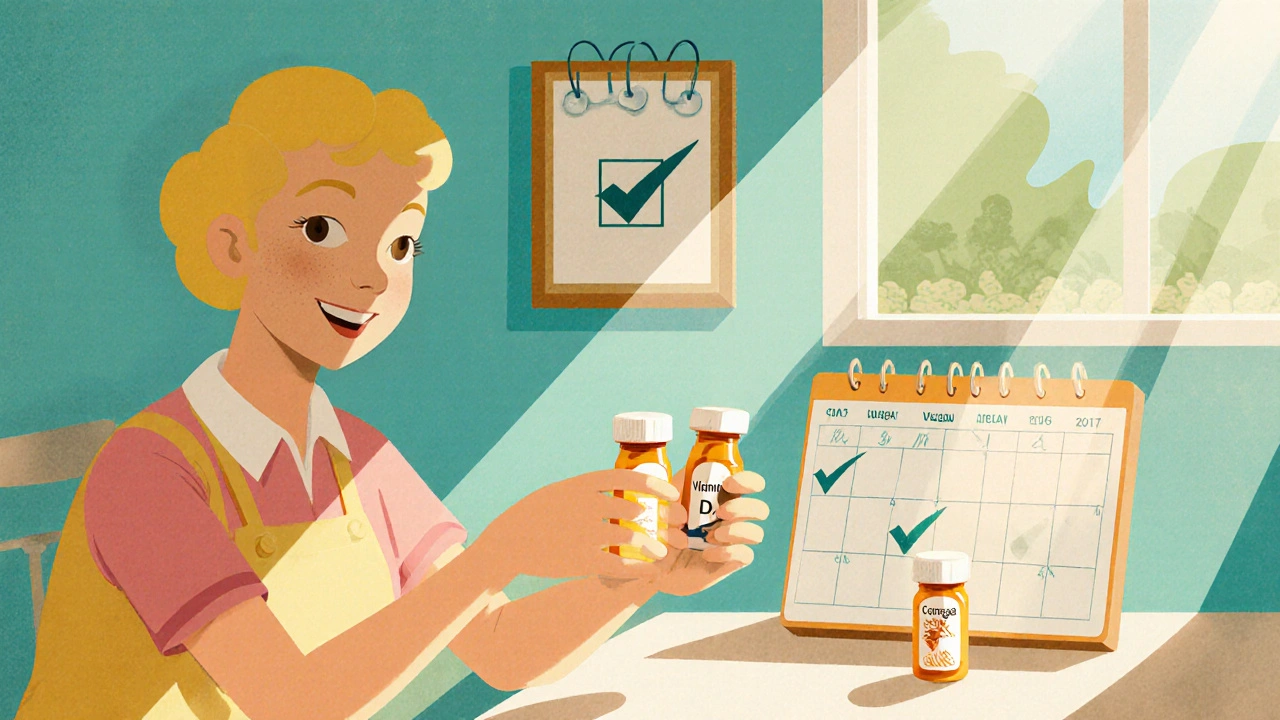Adult arranging supplement bottles on a daily schedule board with a calendar.