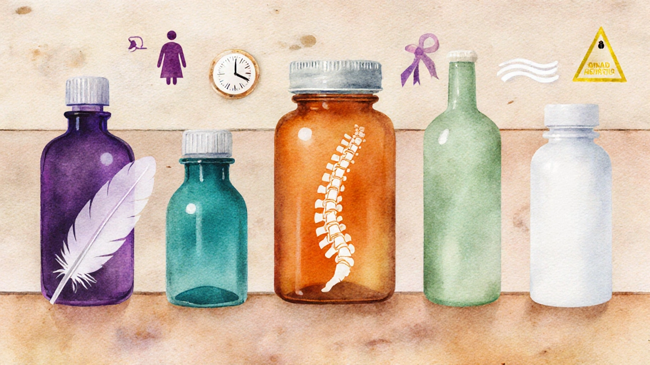 Assortment of muscle‑relaxant bottles and an NSAID bottle arranged on a table.