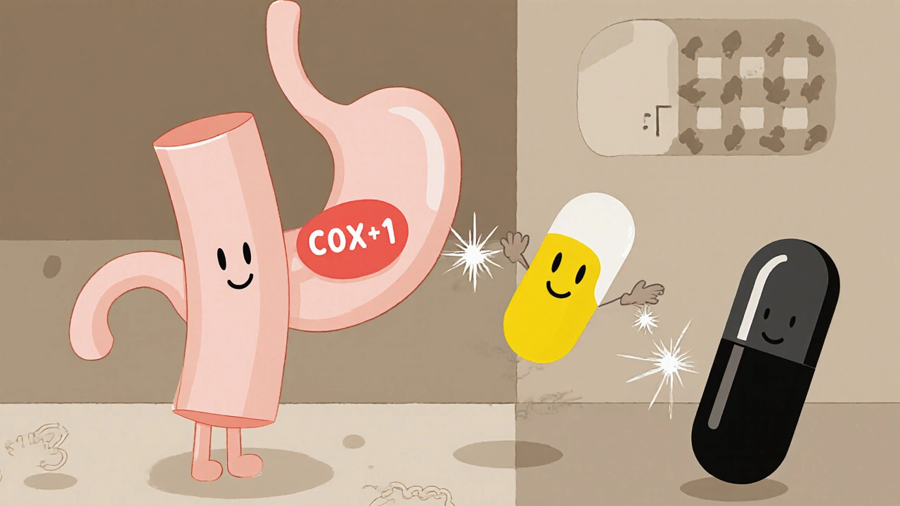 Cartoon enzymes COX‑1 and COX‑2 showing Arcoxia targeting COX‑2 only.