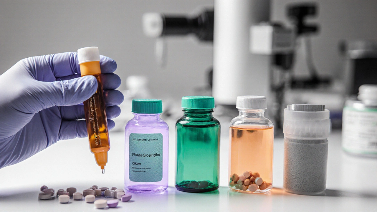 Clinician's hand selecting among vials of estriol, estradiol, CEE, BHRT, phytoestrogens, and SERMs.