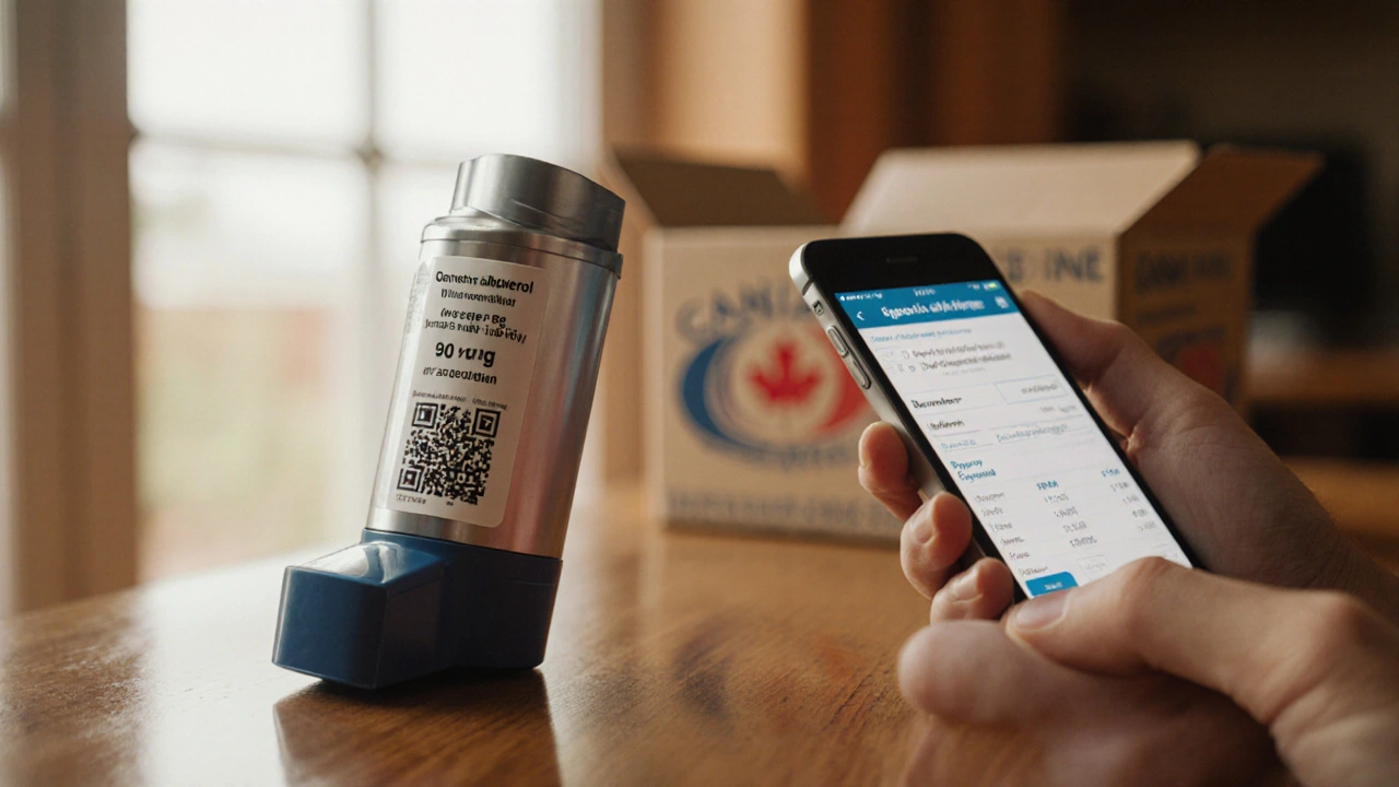 Close‑up of inhaler with label, QR code, and smartphone app showing usage reminder.
