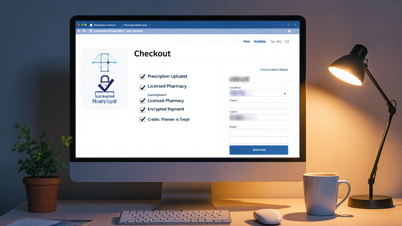 Computer screen showing secure pharmacy checkout with lock icon and checklist.