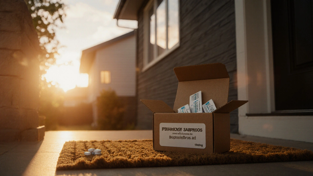 Discreet box on porch at sunrise revealing Bupropion tablets inside.