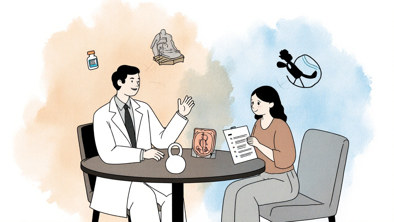 Doctor and patient at a table reviewing a pelvic model, surrounded by symbols of treatment options.
