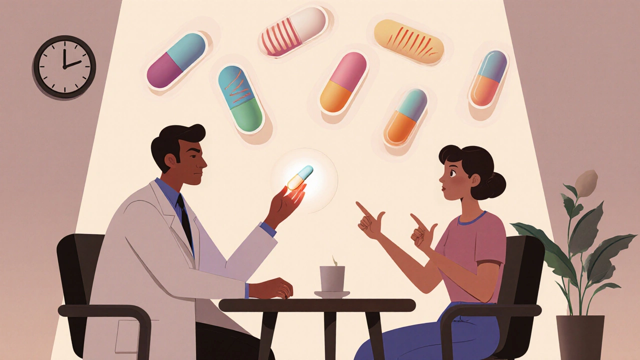 Doctor and patient discussing treatment with floating pill icons of various antibiotics.
