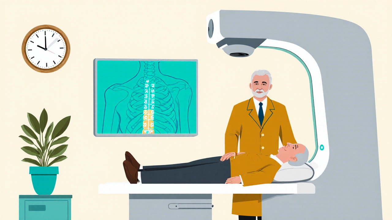 Doctor performing a DXA scan, screen displays spine with highlighted compression fracture.