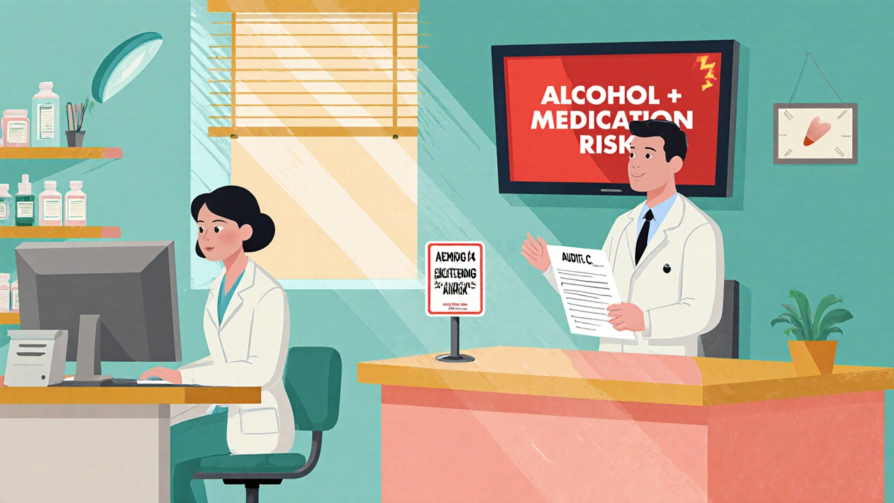 Doctor, pharmacist, and computer alert warning about alcohol and medication.
