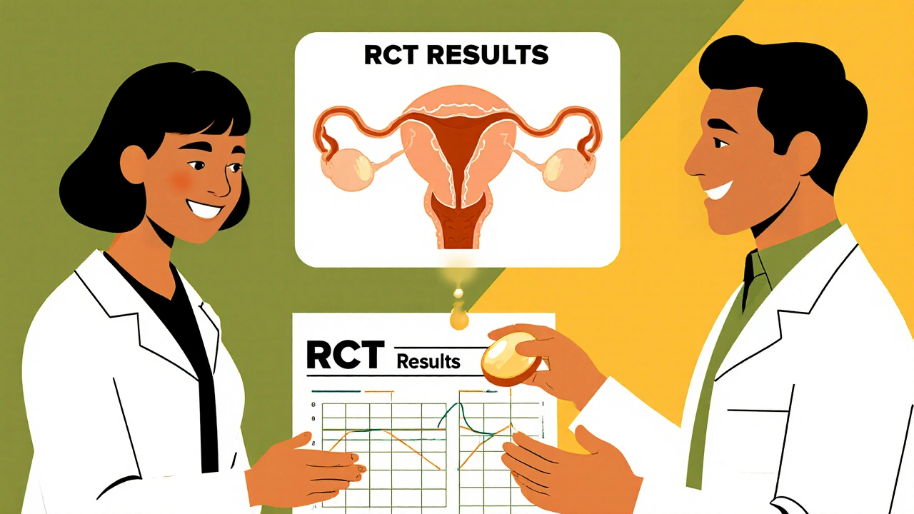 Doctors review trial results while a dydrogesterone tablet connects to brain, uterus, and hypothalamus diagrams.