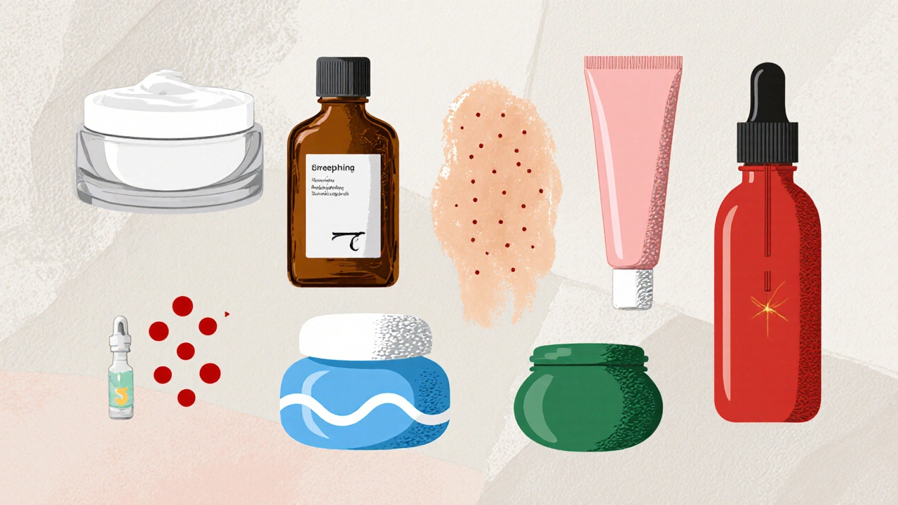 Eight skincare containers arranged in a grid, each with a visual cue representing its benefit.