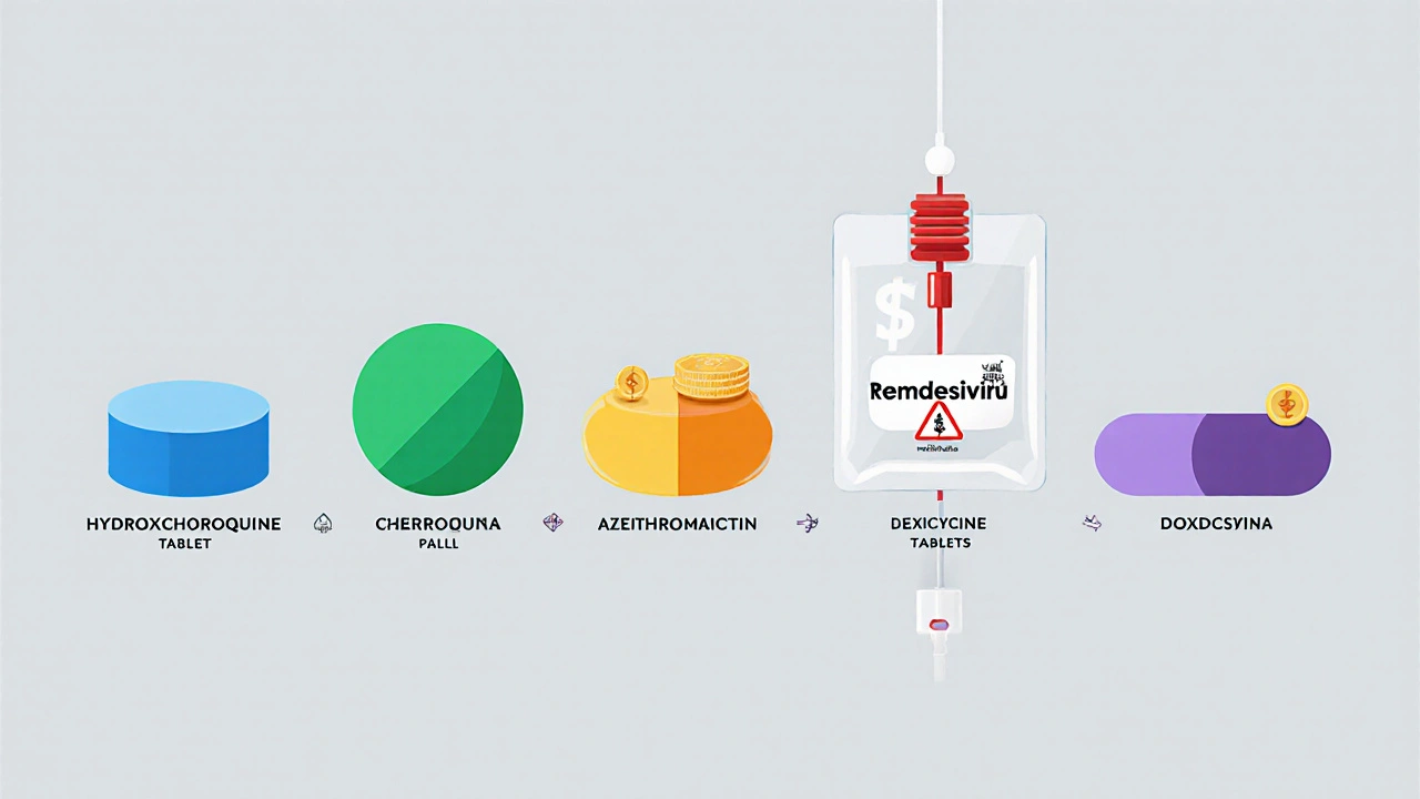 Flat illustration of six drug forms: tablets, capsule, and IV bag, each uniquely colored.