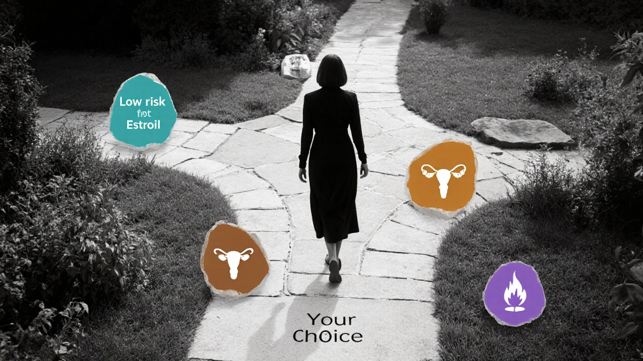 Garden path with colored stone markers guiding a woman toward different estrogen options.