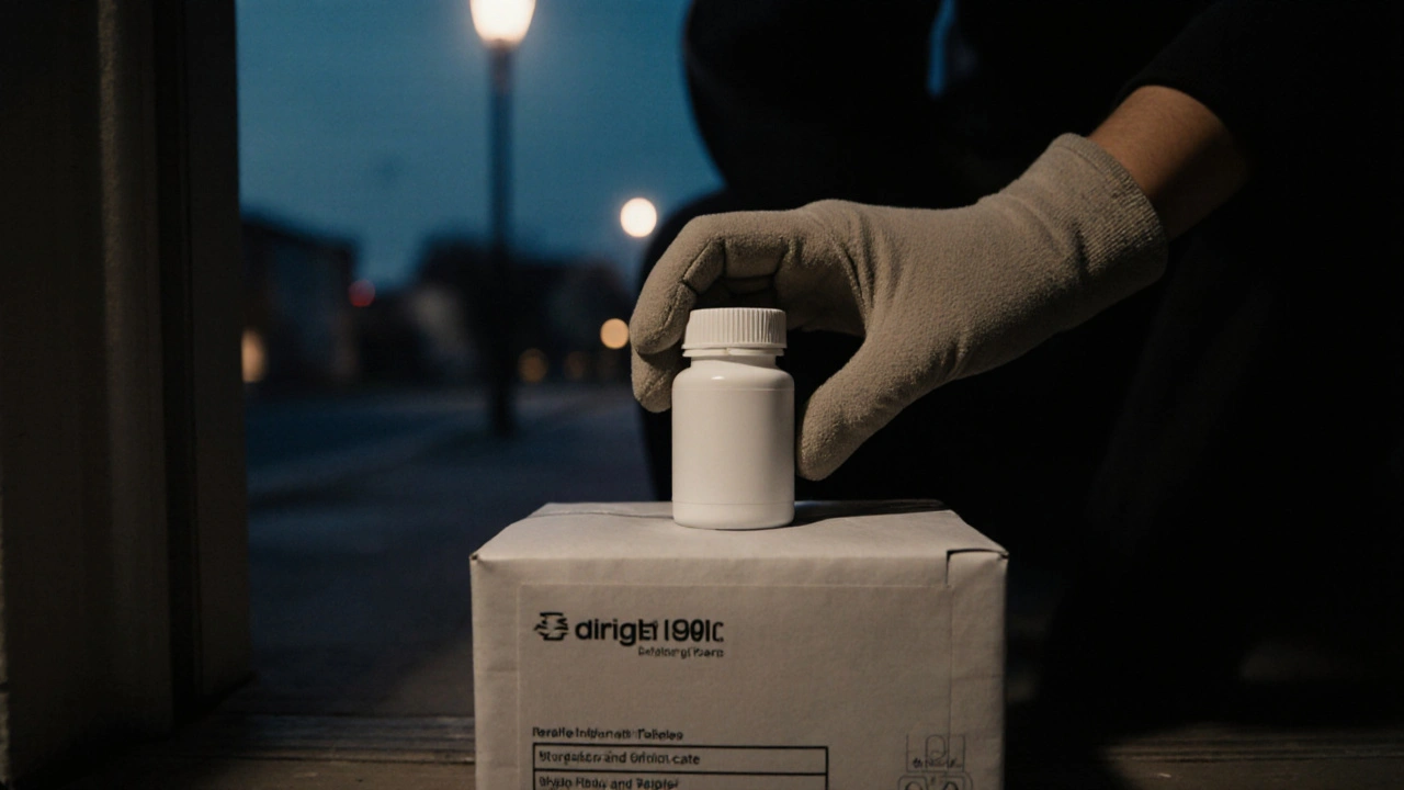 Hand opening plain package revealing a bottle of generic Viagra tablets.