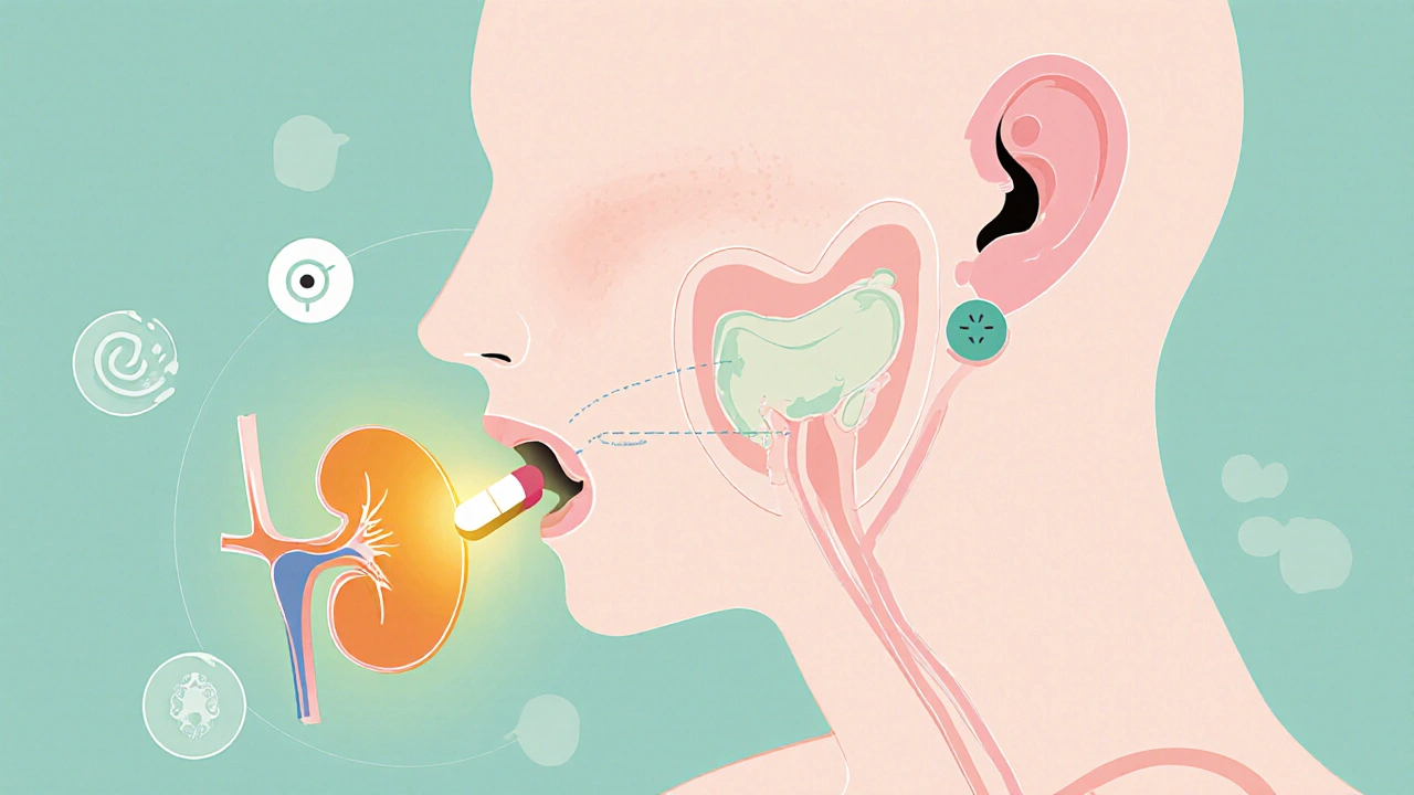Human outline showing kidneys, bladder, and ear with a tablet traveling through bloodstream.