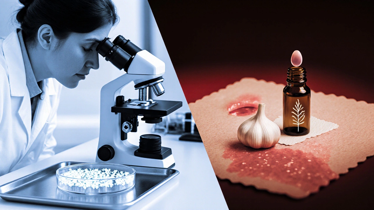 Laboratory scene with microscope, petri dish, garlic extract, and irritated skin illustration.