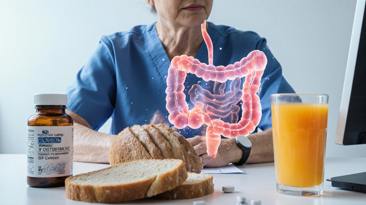 Medical scene with a person, gut inflammation overlay, and items representing malabsorption disorders.