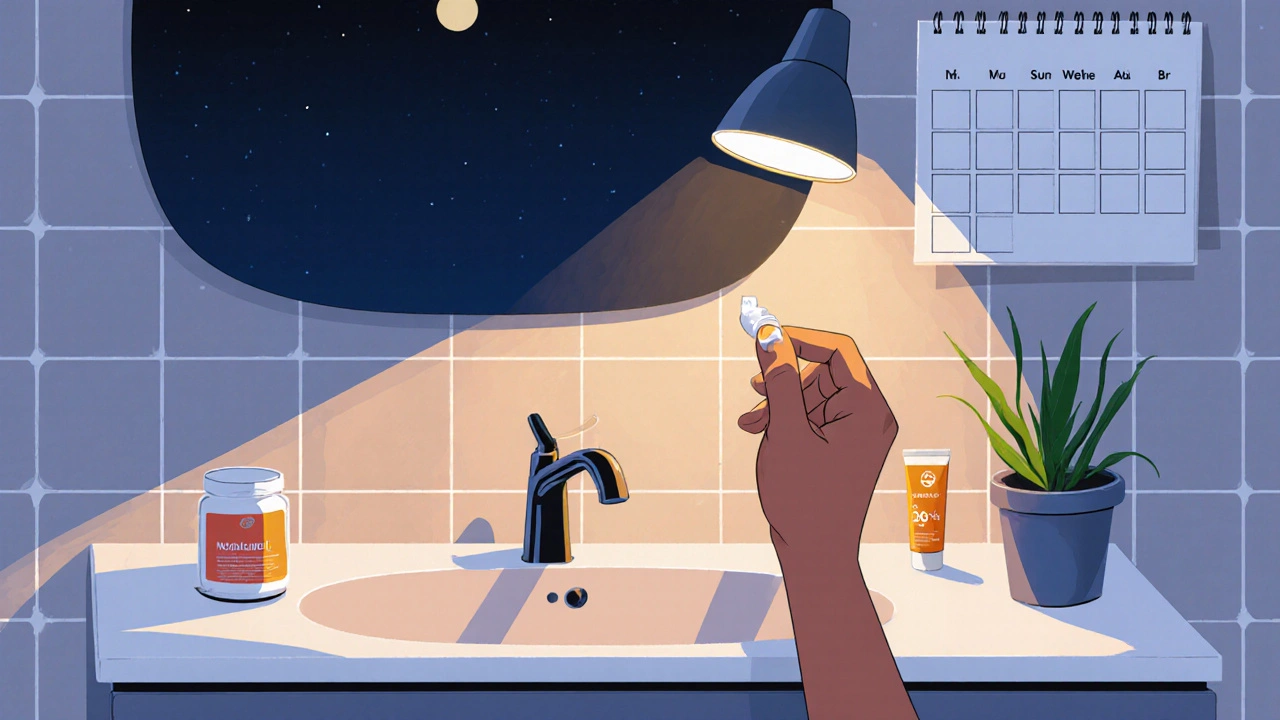 Nighttime bathroom vanity scene with someone applying cream, moisturizer and sunscreen nearby.