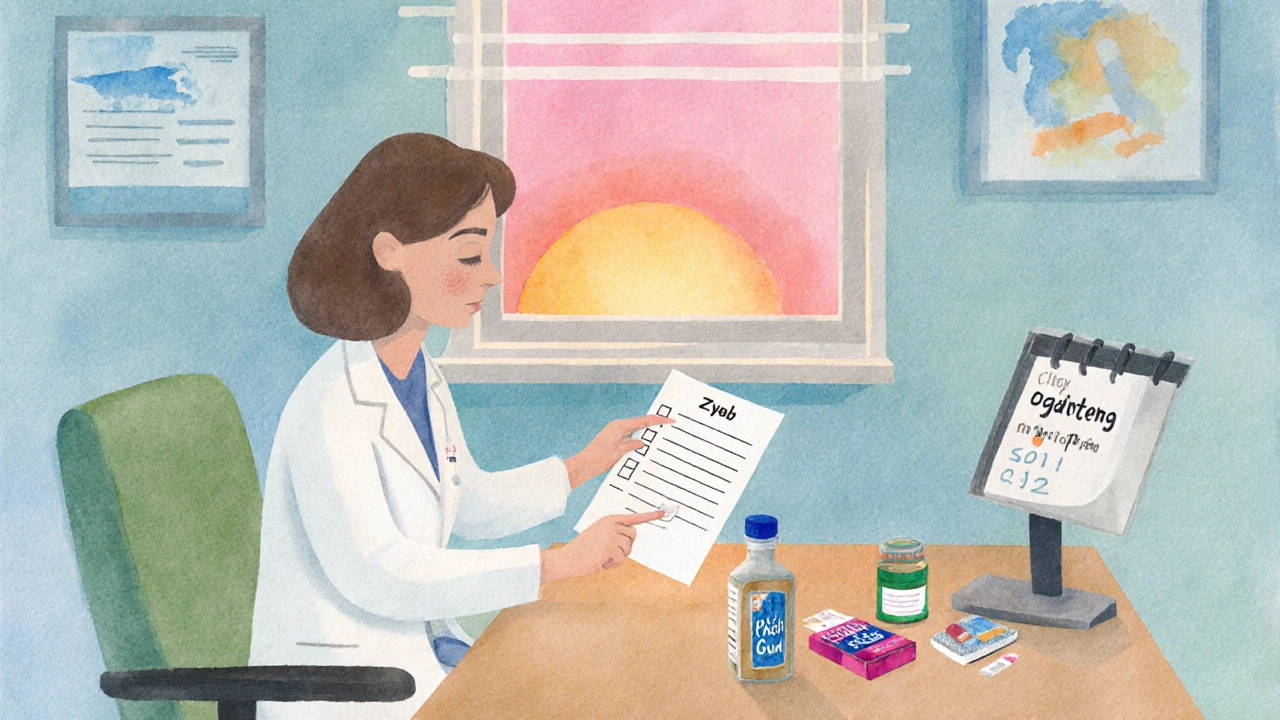Patient and doctor discussing quit plan with calendar, pills and patch on desk under sunrise light.