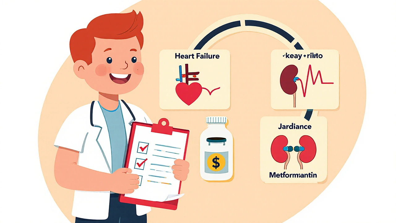 Patient reviewing heart, cardio, and kidney panels with pill options and cost.