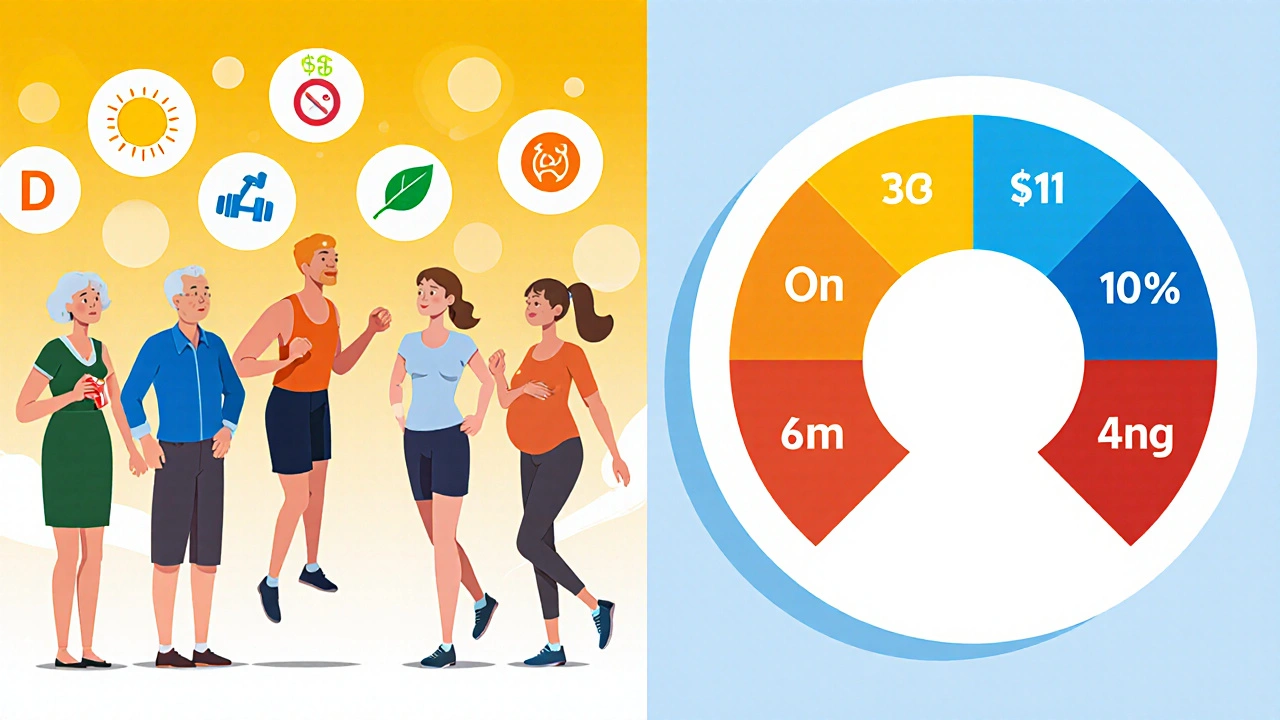 People with icons for age, sport, vegan, pregnancy beside a gauge of vitamin levels.