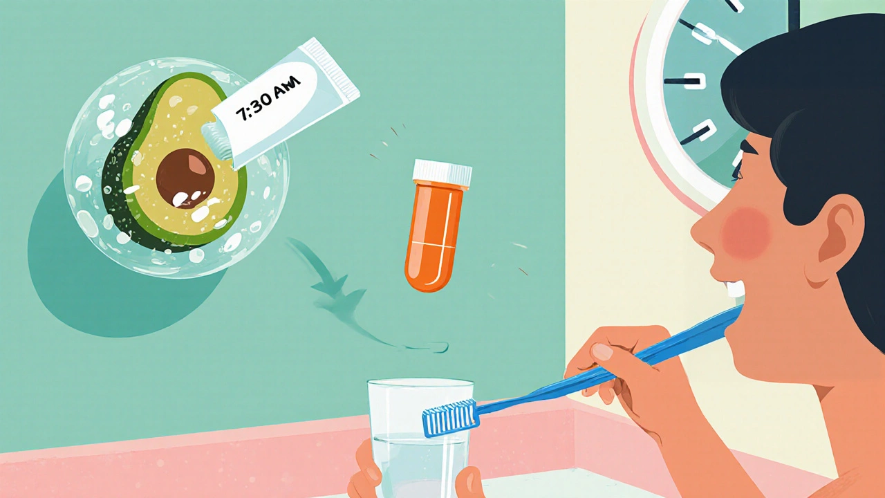 Person brushing teeth holding a water glass with a pill, clock at 7:30 AM, cartoon bacteria split.