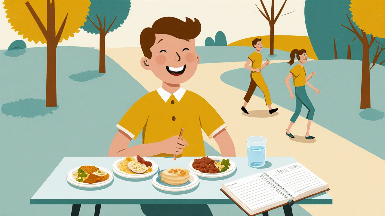 Person with small meals, water, diary, and walking after eating.