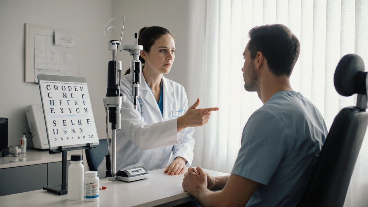 Photorealistic doctor‑patient consultation with eye exam tools and an IV drip visible.