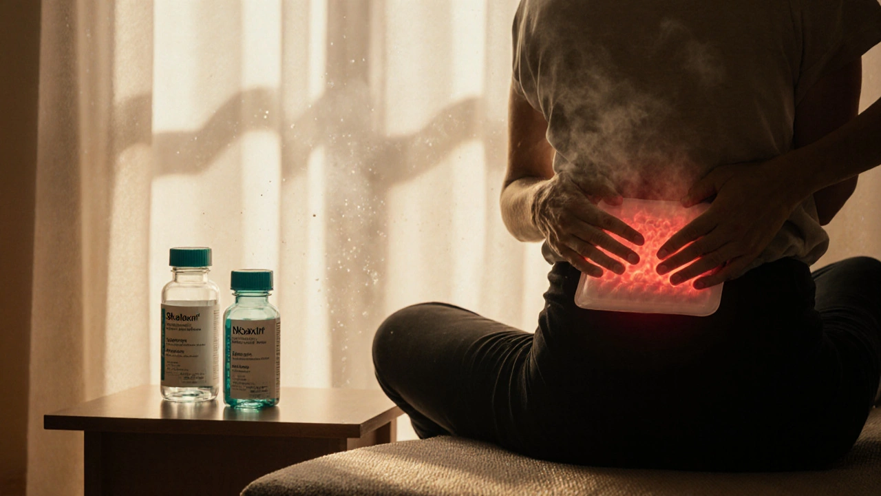 Physical therapy session with heat pack, stretching, and medication bottles on side table.