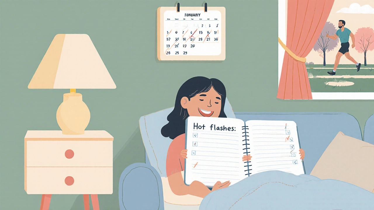 Relaxed woman tracks reduced symptoms in a diary, with calendar and exercise scene indicating wellness.