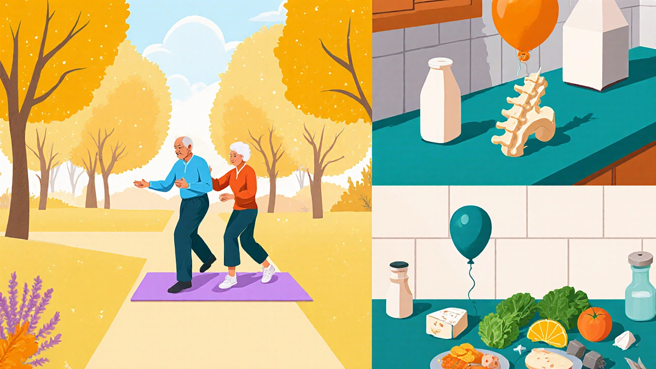 Senior exercising, eating calcium foods, and a cartoon of vertebroplasty restoring a vertebra.