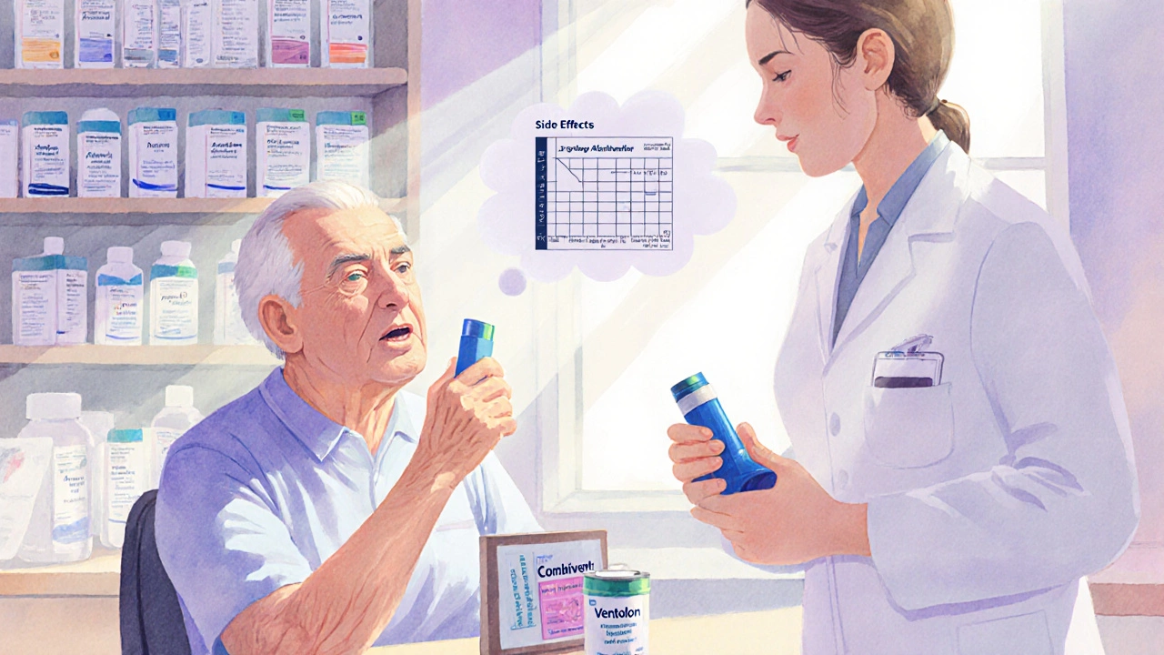 Senior patient discussing inhaler options with a pharmacist in a pharmacy.