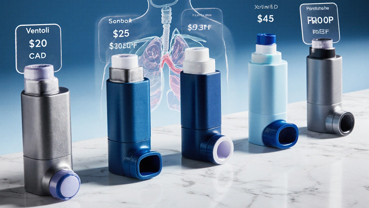 Six different inhalers displayed on a marble surface with price tags.
