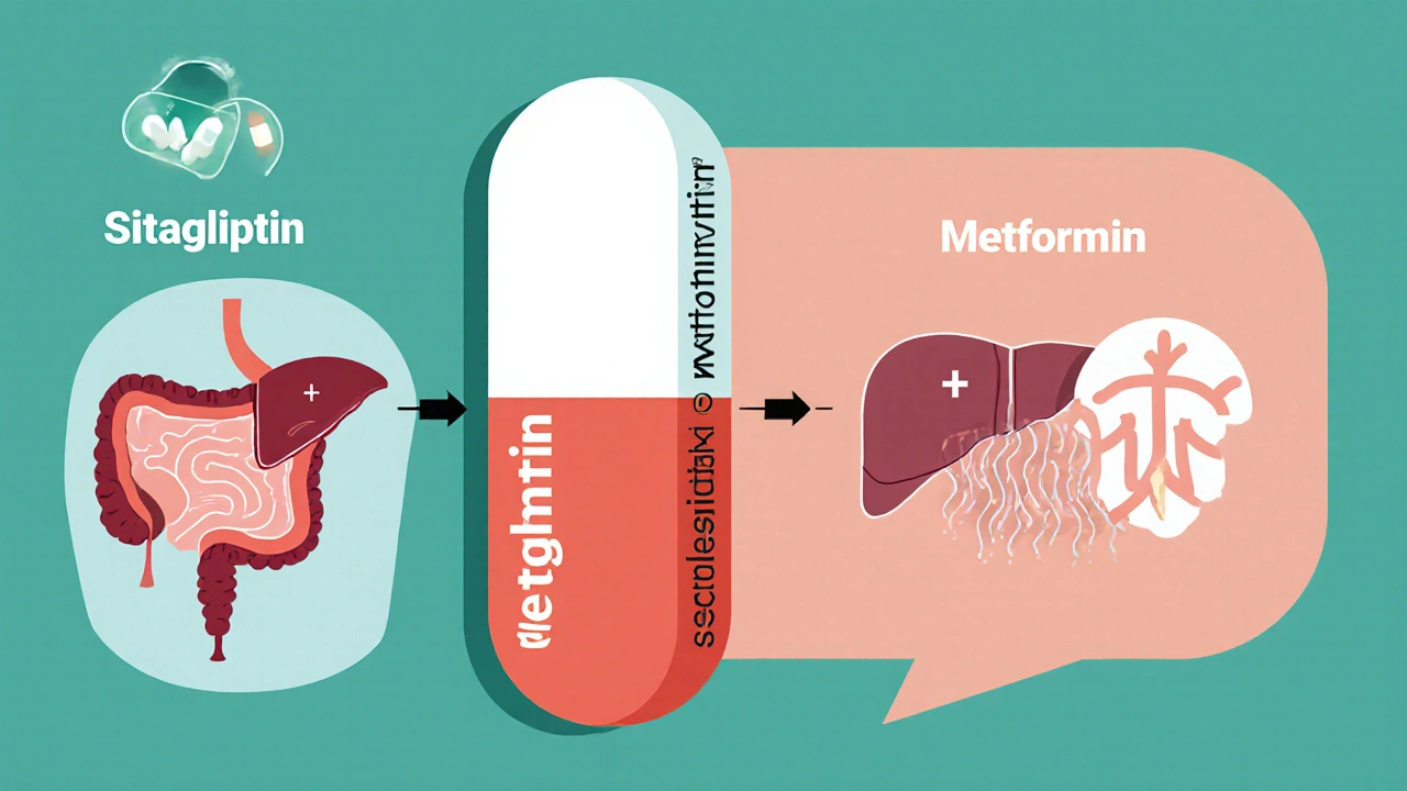 Split pill showing sitagliptin and metformin arrows to stomach and liver with GLP‑1 symbol.