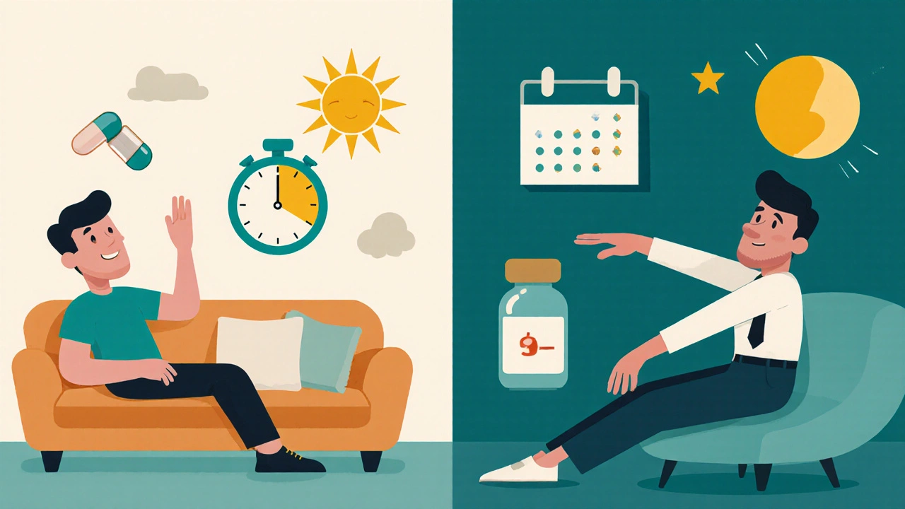 Split scene comparing Vilitra&#039;s 4-hour effect with Cialis&#039;s 36-hour duration.