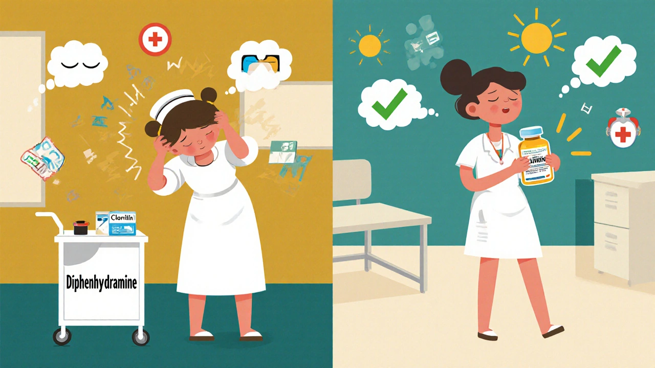 Split scene: nurse tired with sedating antihistamine vs. alert with non-drowsy alternative, medical icons floating.
