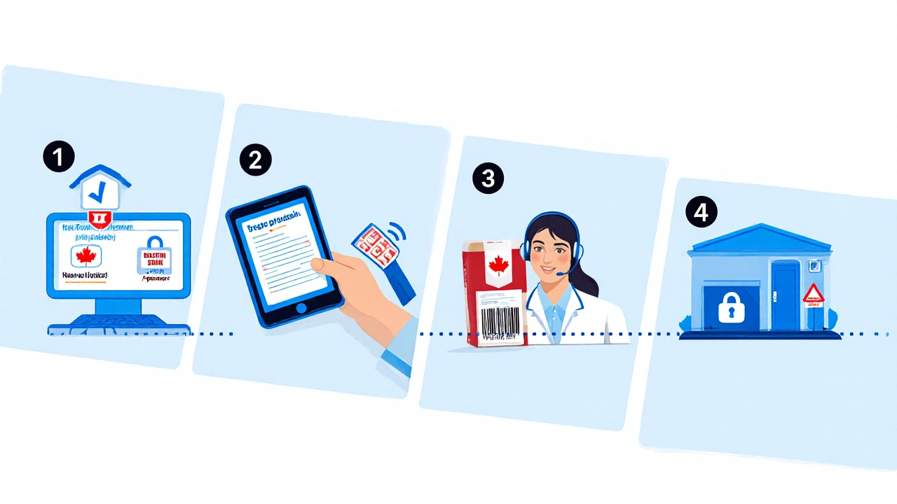 Step‑by‑step illustration of verifying pharmacy, uploading prescription, pharmacist review, and shipping.