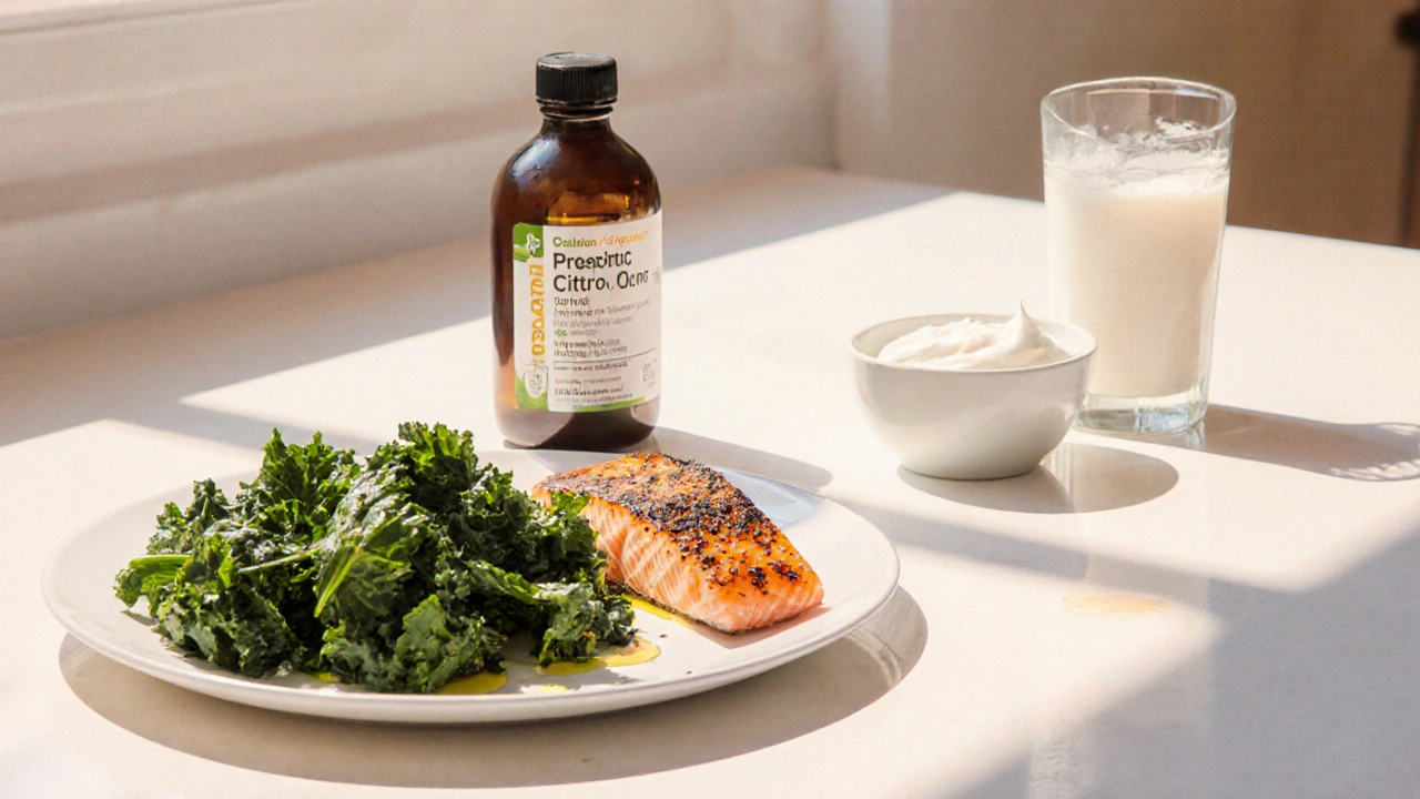 Sunny kitchen display of calcium‑rich foods, vitamin D supplement, and probiotic yogurt.
