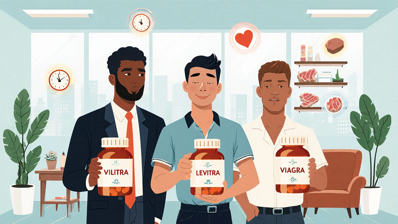 Three men holding Vilitra, Levitra, and Viagra bottles in a retro pharmacy setting.
