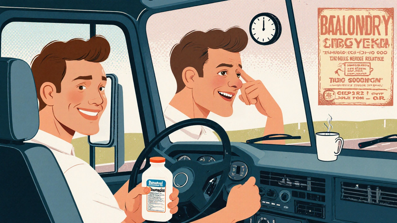 Truck driver smiling while his mirror reflection shows impaired coordination during a roadside test.