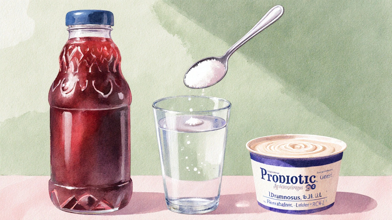 Watercolor of cranberry juice bottle, D‑mannose powder, and probiotic yogurt cup.