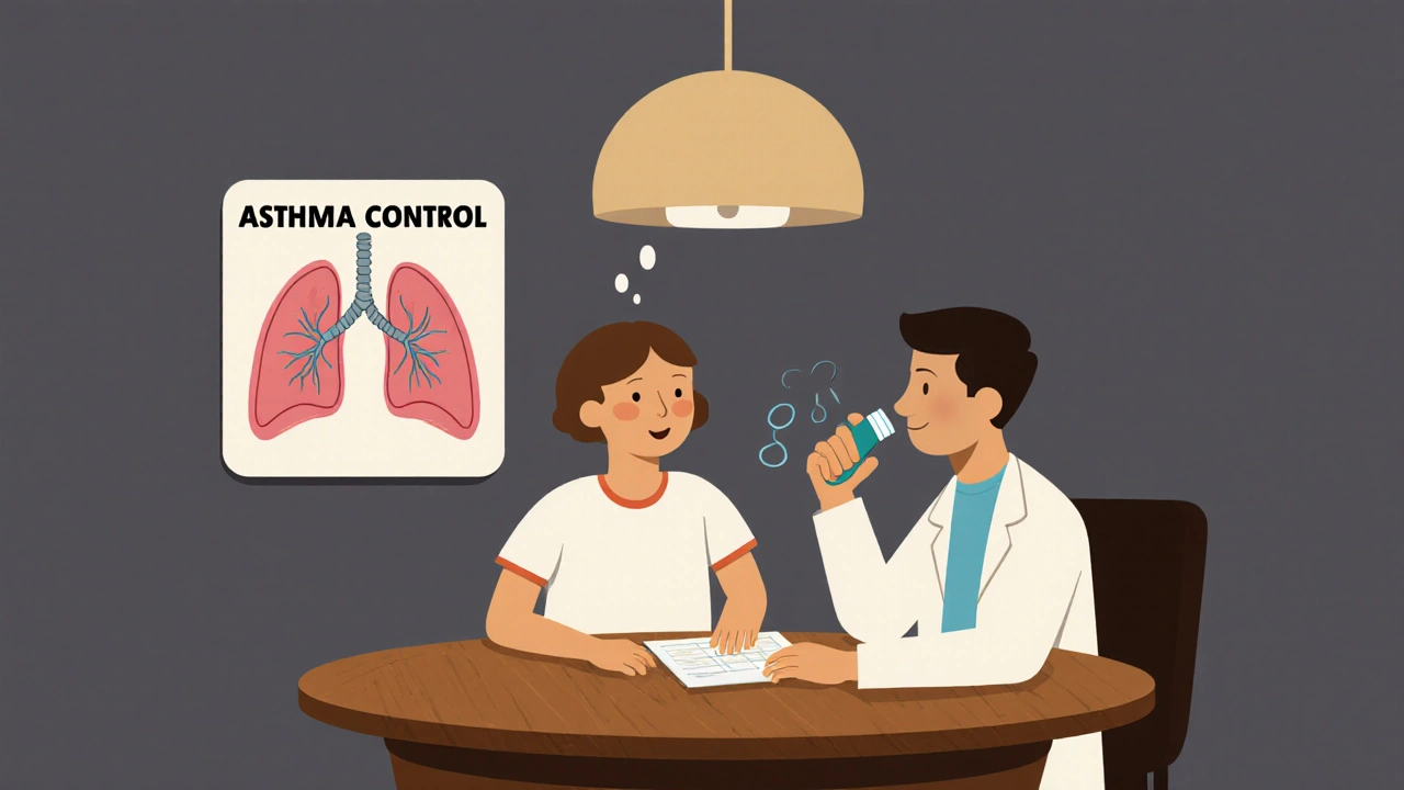 A doctor and patient reviewing asthma progress with an inhaler and rinsing water visible.