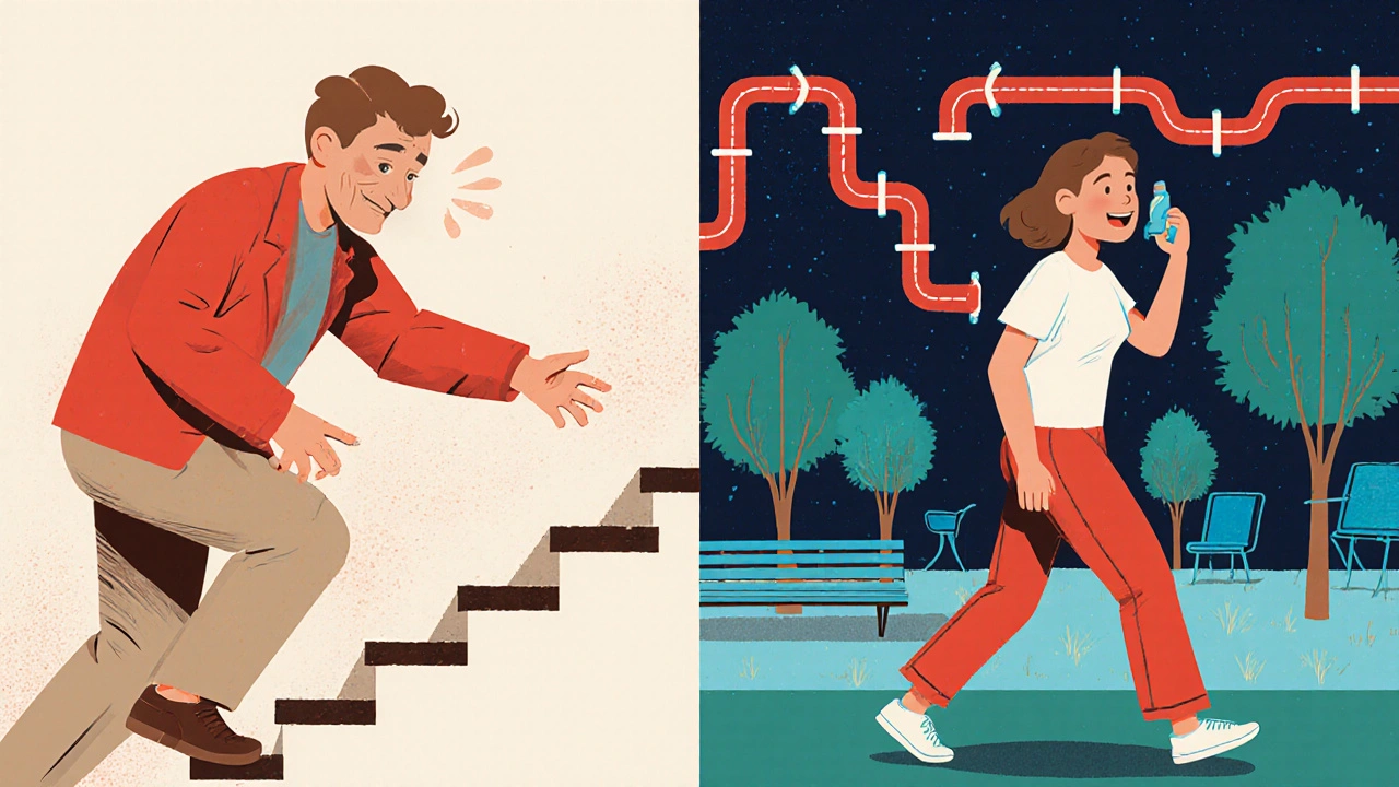 A person transitioning from struggling to breathe to walking freely in a park after asthma control.