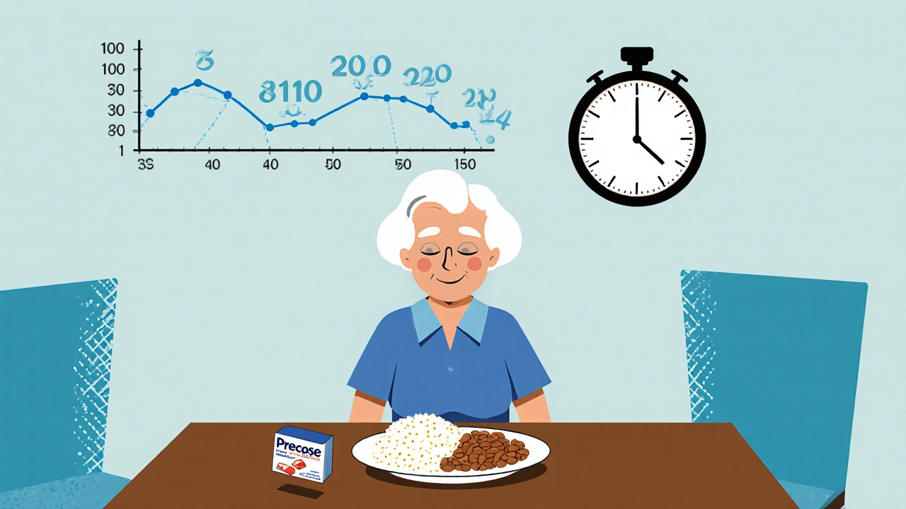 An elderly woman at a dining table with a descending blood sugar graph above her, surrounded by rice and beans.