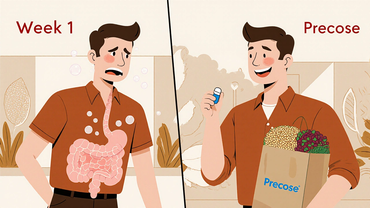 Two panels showing a man adjusting to Precose side effects, from discomfort to calm with healthy foods.